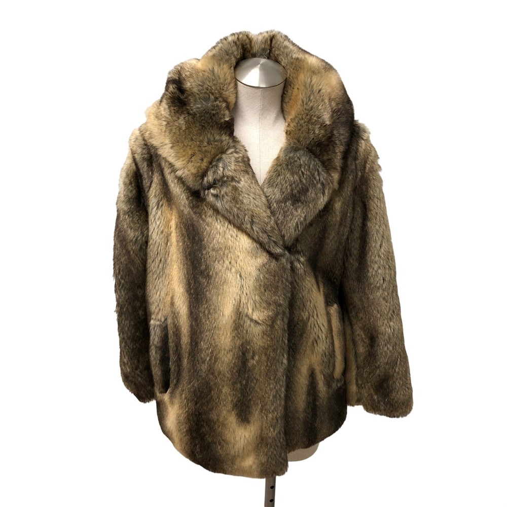 Zara Basic Faux Fur Coat Womens Small Brown Tan Shawl Collar Pockets